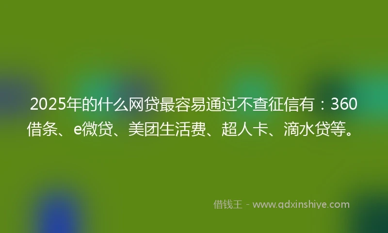 2025年的什么网贷最容易通过不查征信有：360借条、e微贷、美团生活费、超人卡、滴水贷等。