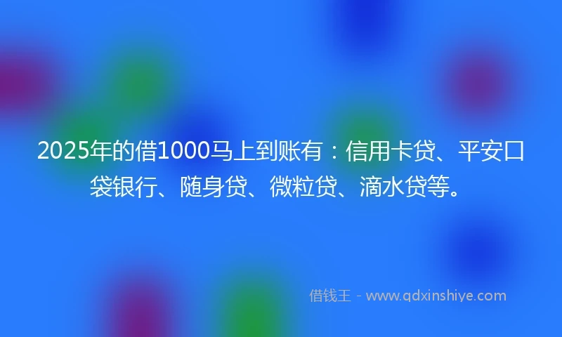 2025年的借1000马上到账有：信用卡贷、平安口袋银行、随身贷、微粒贷、滴水贷等。
