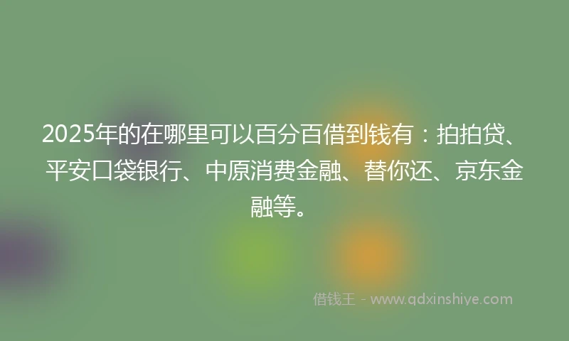 2025年的在哪里可以百分百借到钱有：拍拍贷、平安口袋银行、中原消费金融、替你还、京东金融等。