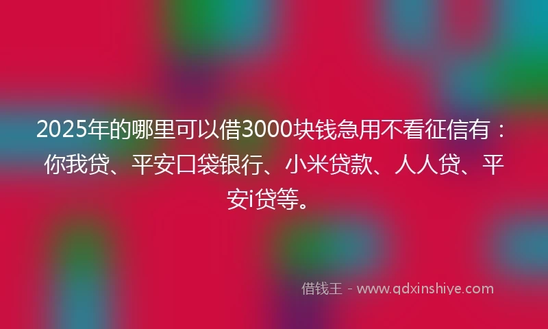 2025年的哪里可以借3000块钱急用不看征信有:你我贷、平安口袋银行、小米贷款、人人贷、平安i贷等。