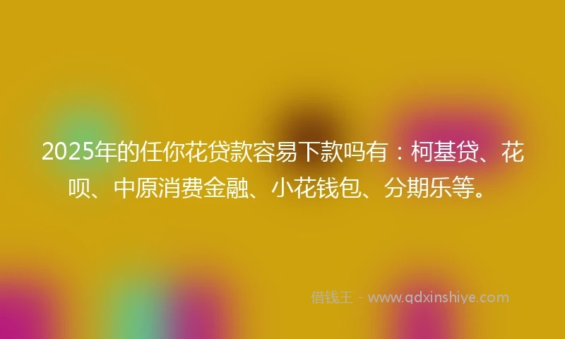 2025年的任你花贷款容易下款吗有:柯基贷、花呗、中原消费金融、小花钱包、分期乐等。