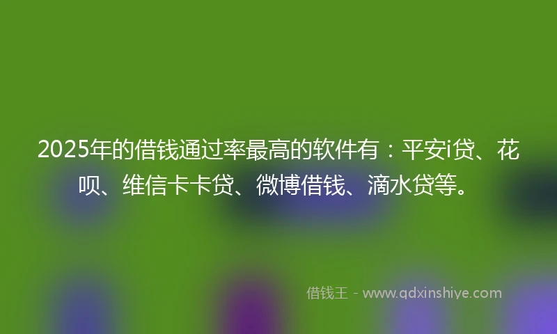 2025年的借钱通过率最高的软件有：平安i贷、花呗、维信卡卡贷、微博借钱、滴水贷等。