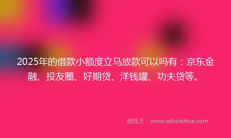 2025年的借款小额度立马放款可以吗有：京东金融、投友圈、好期贷、洋钱罐、功夫贷等。