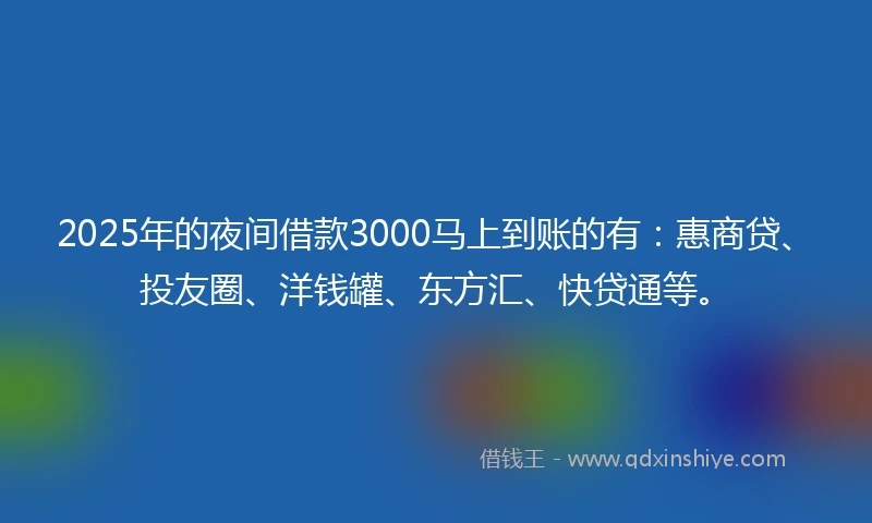 2025年的夜间借款3000马上到账的有:惠商贷、投友圈、洋钱罐、东方汇、快贷通等。