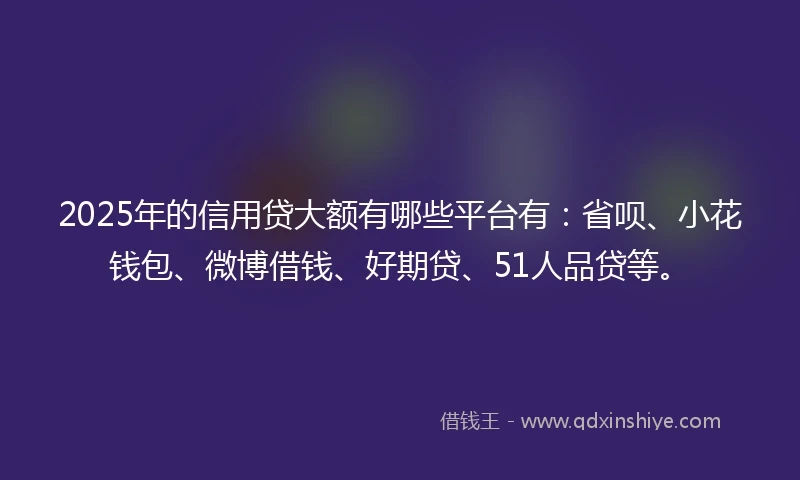 2025年的信用贷大额有哪些平台有：省呗、小花钱包、微博借钱、好期贷、51人品贷等。