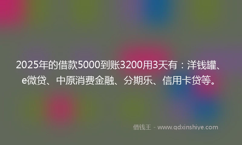 2025年的借款5000到账3200用3天有：洋钱罐、e微贷、中原消费金融、分期乐、信用卡贷等。