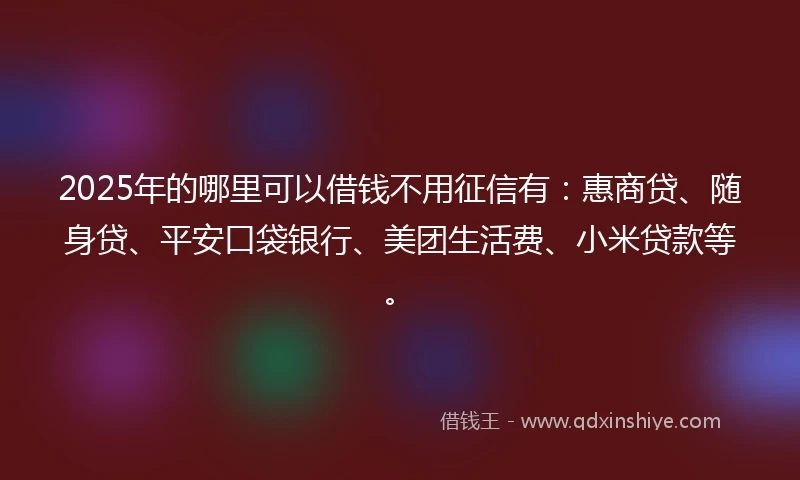 2025年的哪里可以借钱不用征信有：惠商贷、随身贷、平安口袋银行、美团生活费、小米贷款等。