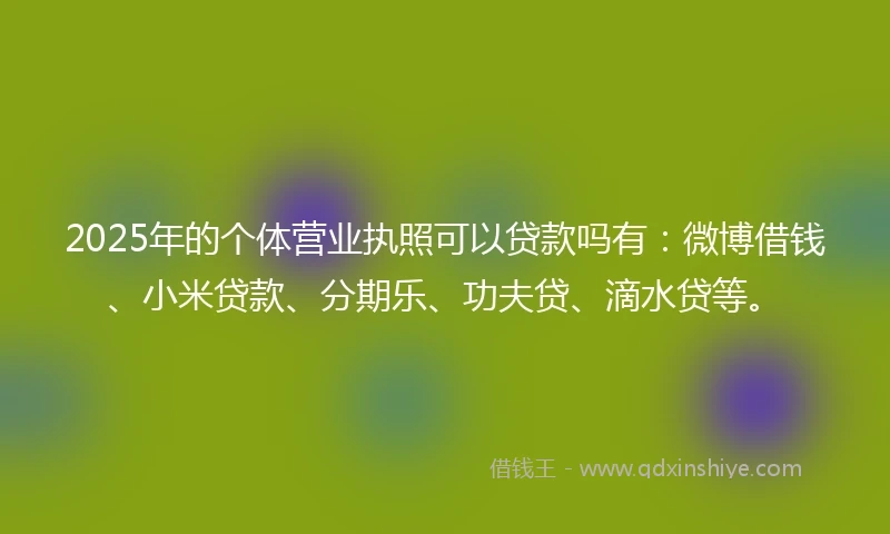 2025年的个体营业执照可以贷款吗有：微博借钱、小米贷款、分期乐、功夫贷、滴水贷等。