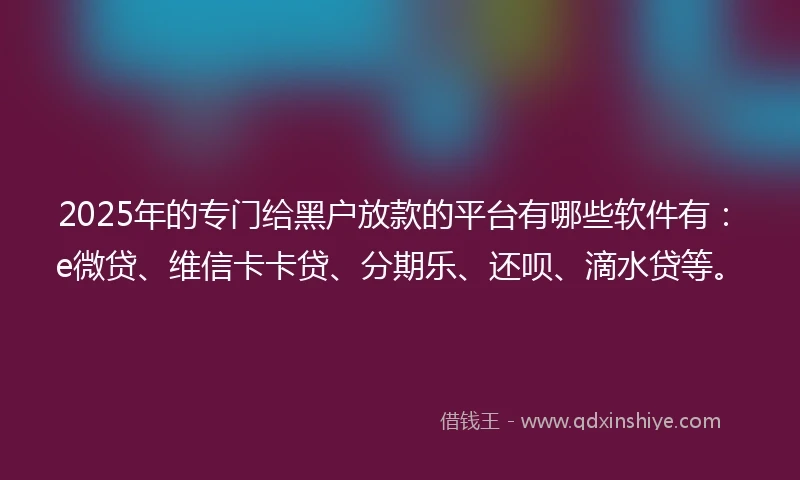 2025年的专门给黑户放款的平台有哪些软件有:e微贷、维信卡卡贷、分期乐、还呗、滴水贷等。