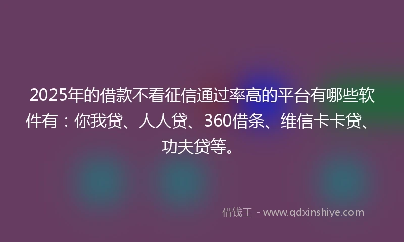 2025年的借款不看征信通过率高的平台有哪些软件有：你我贷、人人贷、360借条、维信卡卡贷、功夫贷等。