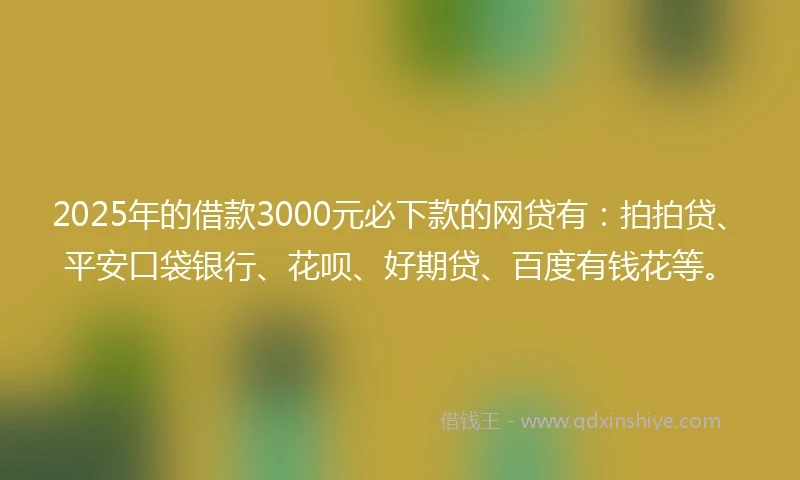 2025年的借款3000元必下款的网贷有：拍拍贷、平安口袋银行、花呗、好期贷、百度有钱花等。