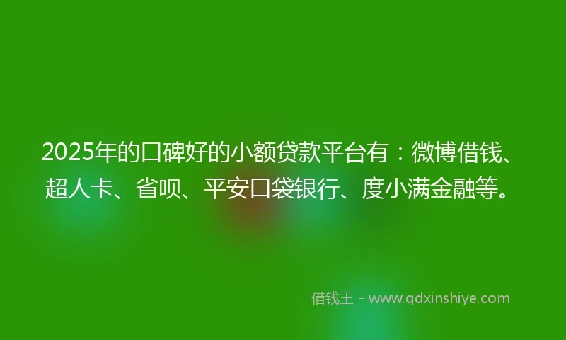 2025年的口碑好的小额贷款平台有：微博借钱、超人卡、省呗、平安口袋银行、度小满金融等。