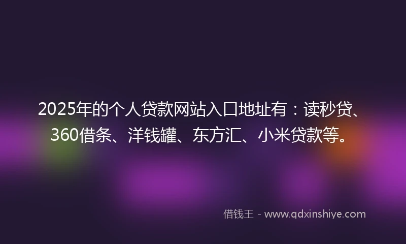 2025年的个人贷款网站入口地址有：读秒贷、360借条、洋钱罐、东方汇、小米贷款等。