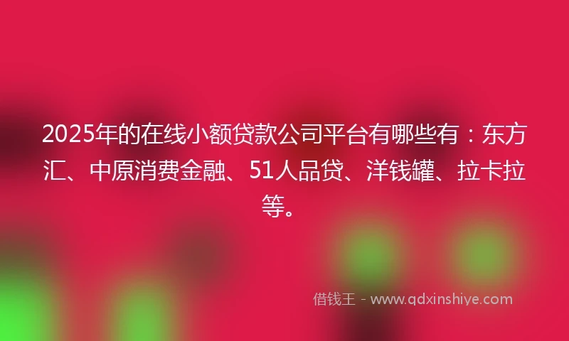 2025年的在线小额贷款公司平台有哪些有:东方汇、中原消费金融、51人品贷、洋钱罐、拉卡拉等。