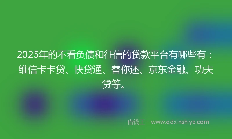 2025年的不看负债和征信的贷款平台有哪些有：维信卡卡贷、快贷通、替你还、京东金融、功夫贷等。