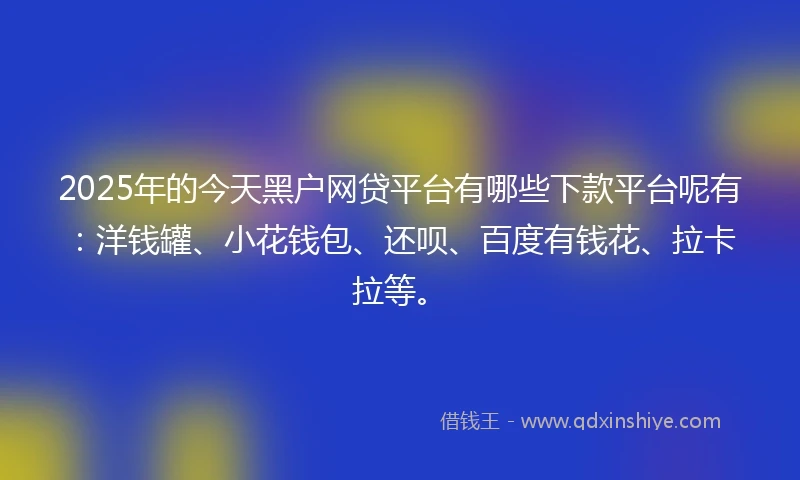 2025年的今天黑户网贷平台有哪些下款平台呢有：洋钱罐、小花钱包、还呗、百度有钱花、拉卡拉等。