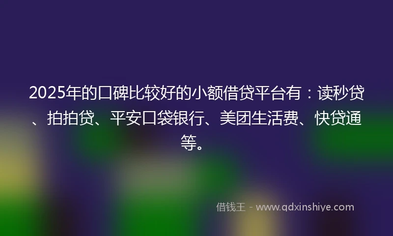 2025年的口碑比较好的小额借贷平台有：读秒贷、拍拍贷、平安口袋银行、美团生活费、快贷通等。