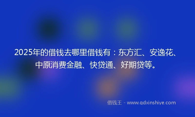 2025年的借钱去哪里借钱有：东方汇、安逸花、中原消费金融、快贷通、好期贷等。