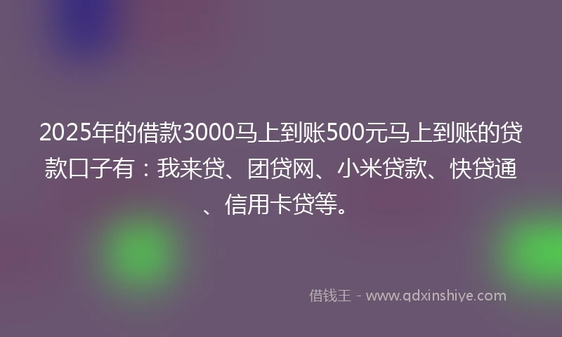 2025年的借款3000马上到账500元马上到账的贷款口子有：我来贷、团贷网、小米贷款、快贷通、信用卡贷等。