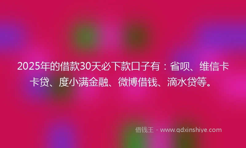 2025年的借款30天必下款口子有：省呗、维信卡卡贷、度小满金融、微博借钱、滴水贷等。