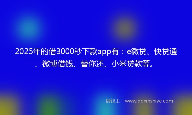 2025年的借3000秒下款app有：e微贷、快贷通、微博借钱、替你还、小米贷款等。