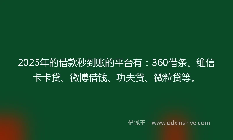 2025年的借款秒到账的平台有：360借条、维信卡卡贷、微博借钱、功夫贷、微粒贷等。