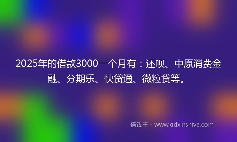2025年的借款3000一个月有：还呗、中原消费金融、分期乐、快贷通、微粒贷等。