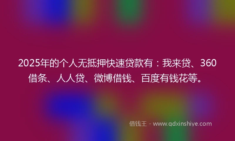 2025年的个人无抵押快速贷款有：我来贷、360借条、人人贷、微博借钱、百度有钱花等。