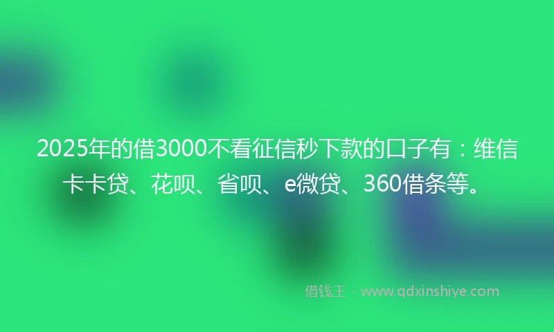 2025年的借3000不看征信秒下款的口子有:维信卡卡贷、花呗、省呗、e微贷、360借条等。