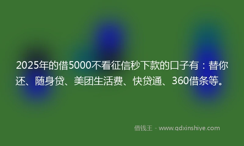 2025年的借5000不看征信秒下款的口子有：替你还、随身贷、美团生活费、快贷通、360借条等。