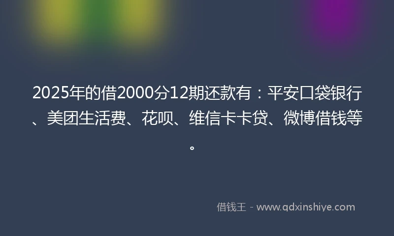 2025年的借2000分12期还款有:平安口袋银行、美团生活费、花呗、维信卡卡贷、微博借钱等。