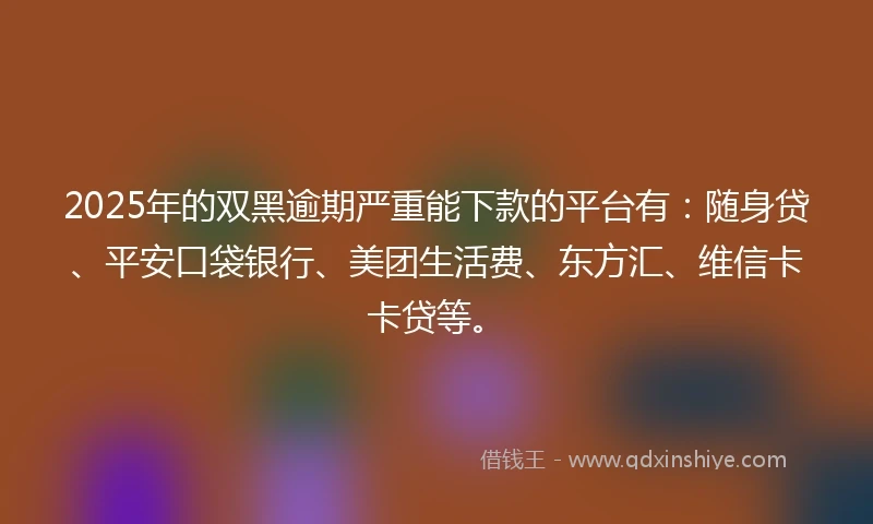 2025年的双黑逾期严重能下款的平台有：随身贷、平安口袋银行、美团生活费、东方汇、维信卡卡贷等。