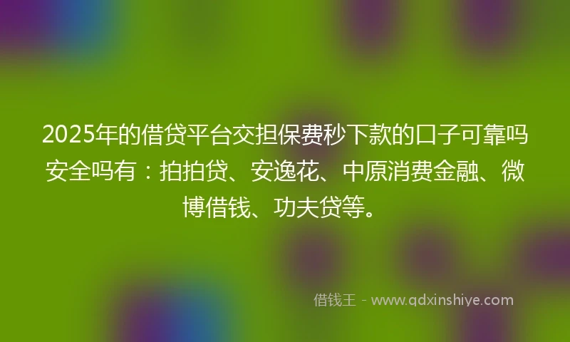 2025年的借贷平台交担保费秒下款的口子可靠吗安全吗有:拍拍贷、安逸花、中原消费金融、微博借钱、功夫贷等。