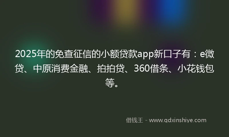 2025年的免查征信的小额贷款app新口子有：e微贷、中原消费金融、拍拍贷、360借条、小花钱包等。