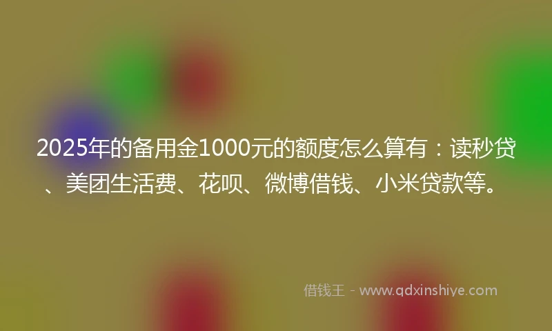 2025年的备用金1000元的额度怎么算有：读秒贷、美团生活费、花呗、微博借钱、小米贷款等。