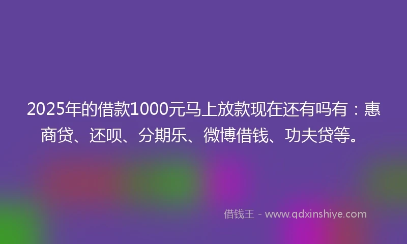 2025年的借款1000元马上放款现在还有吗有:惠商贷、还呗、分期乐、微博借钱、功夫贷等。