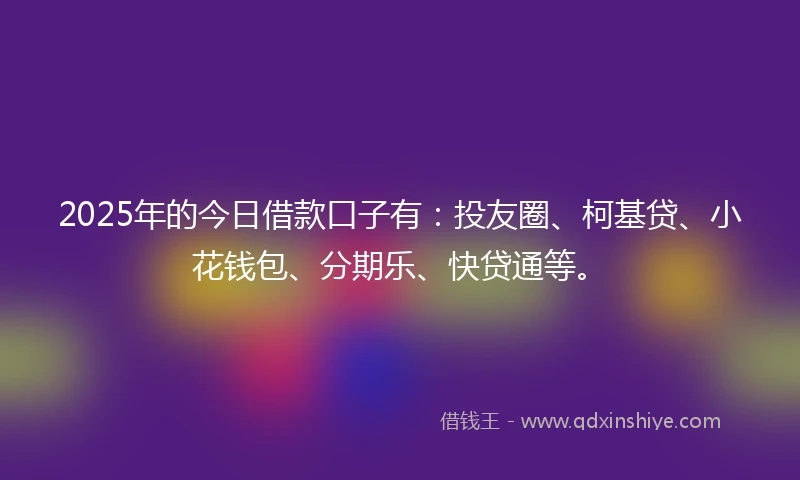 2025年的今日借款口子有：投友圈、柯基贷、小花钱包、分期乐、快贷通等。