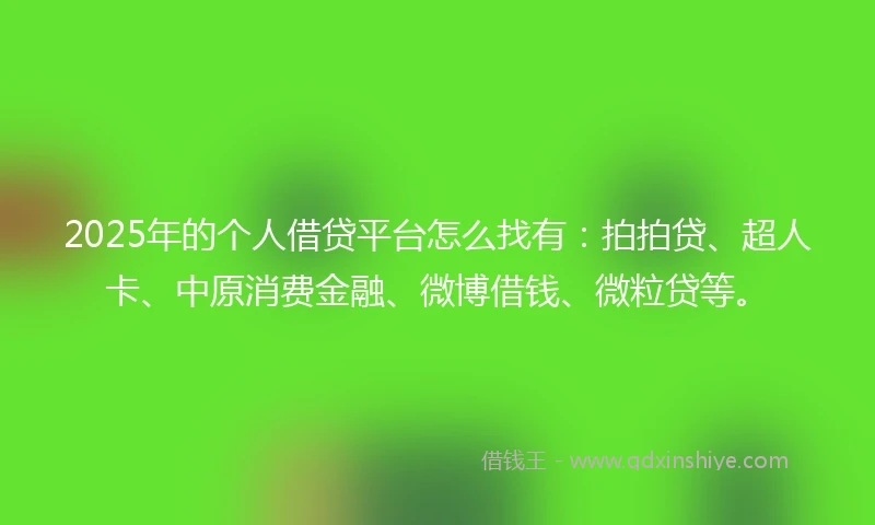 2025年的个人借贷平台怎么找有：拍拍贷、超人卡、中原消费金融、微博借钱、微粒贷等。