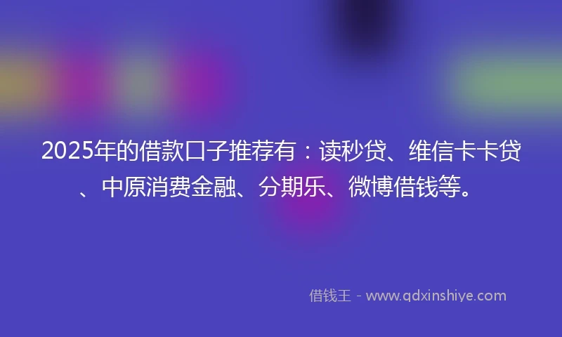 2025年的借款口子推荐有：读秒贷、维信卡卡贷、中原消费金融、分期乐、微博借钱等。