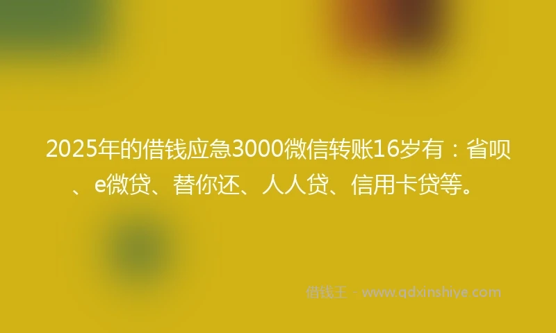 2025年的借钱应急3000微信转账16岁有：省呗、e微贷、替你还、人人贷、信用卡贷等。