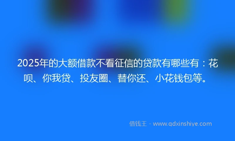 2025年的大额借款不看征信的贷款有哪些有：花呗、你我贷、投友圈、替你还、小花钱包等。