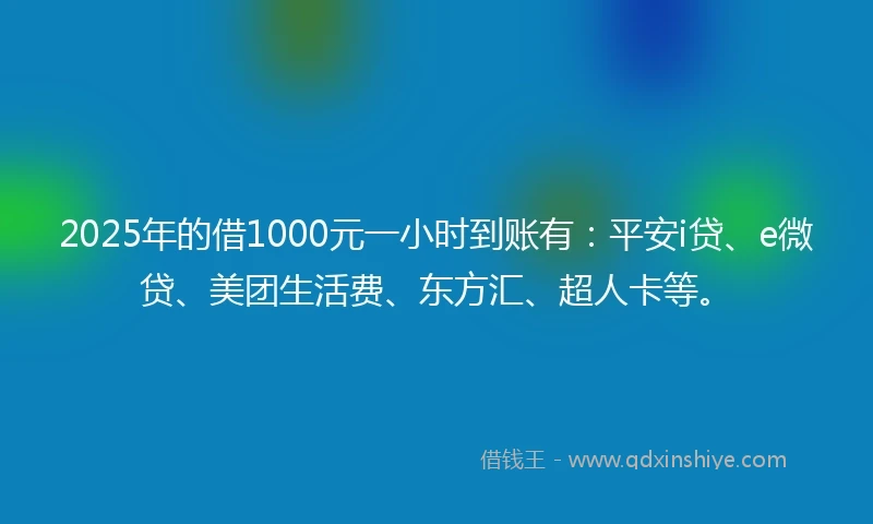 2025年的借1000元一小时到账有：平安i贷、e微贷、美团生活费、东方汇、超人卡等。