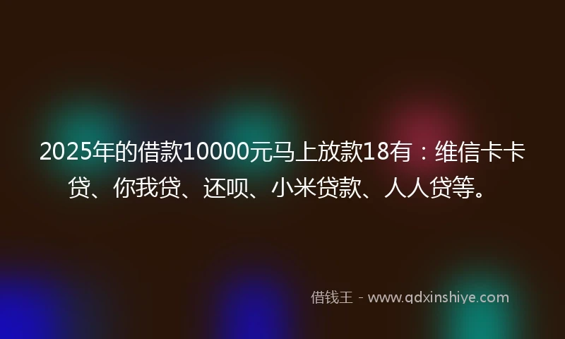 2025年的借款10000元马上放款18有：维信卡卡贷、你我贷、还呗、小米贷款、人人贷等。