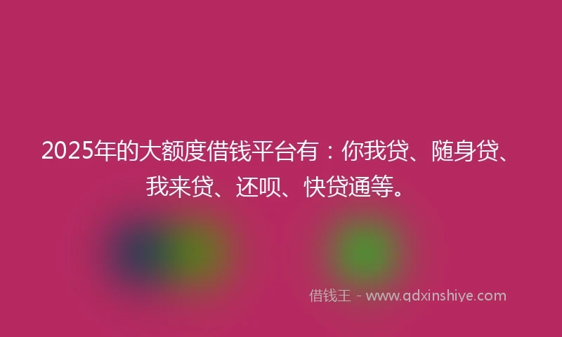 2025年的大额度借钱平台有：你我贷、随身贷、我来贷、还呗、快贷通等。