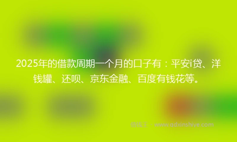 2025年的借款周期一个月的口子有：平安i贷、洋钱罐、还呗、京东金融、百度有钱花等。