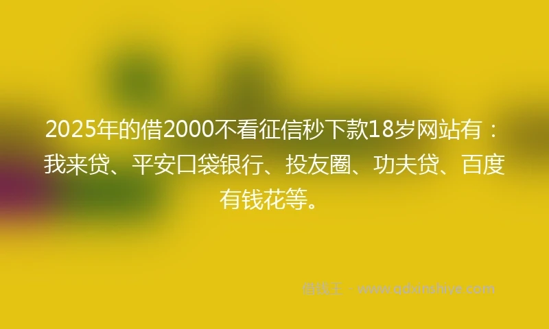 2025年的借2000不看征信秒下款18岁网站有：我来贷、平安口袋银行、投友圈、功夫贷、百度有钱花等。