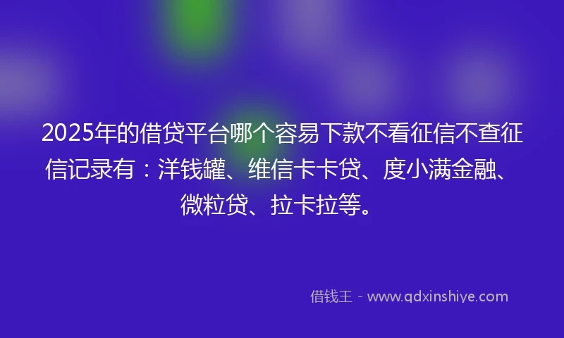 2025年的借贷平台哪个容易下款不看征信不查征信记录有：洋钱罐、维信卡卡贷、度小满金融、微粒贷、拉卡拉等。