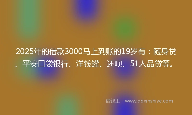 2025年的借款3000马上到账的19岁有：随身贷、平安口袋银行、洋钱罐、还呗、51人品贷等。