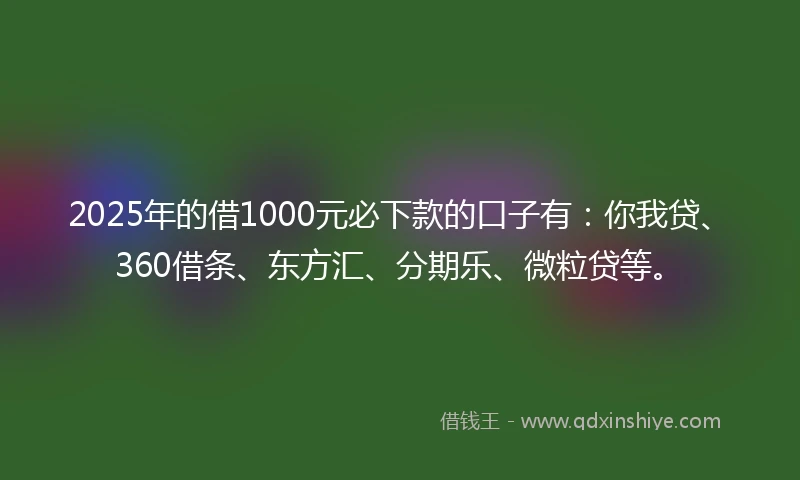 2025年的借1000元必下款的口子有：你我贷、360借条、东方汇、分期乐、微粒贷等。