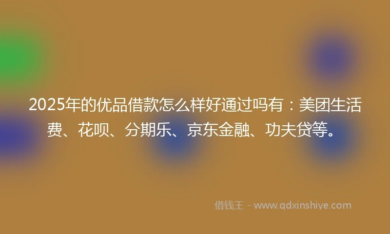 2025年的优品借款怎么样好通过吗有：美团生活费、花呗、分期乐、京东金融、功夫贷等。
